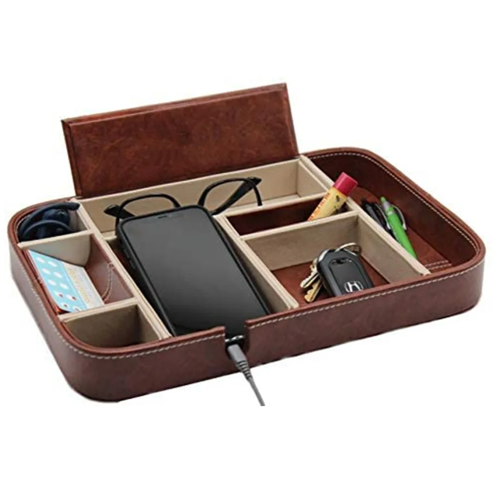 Home EDC Tray Nightstand Table decorative Trays Organizer Wireless Charging Pad catchall Faux Leather Valet Trays for Men