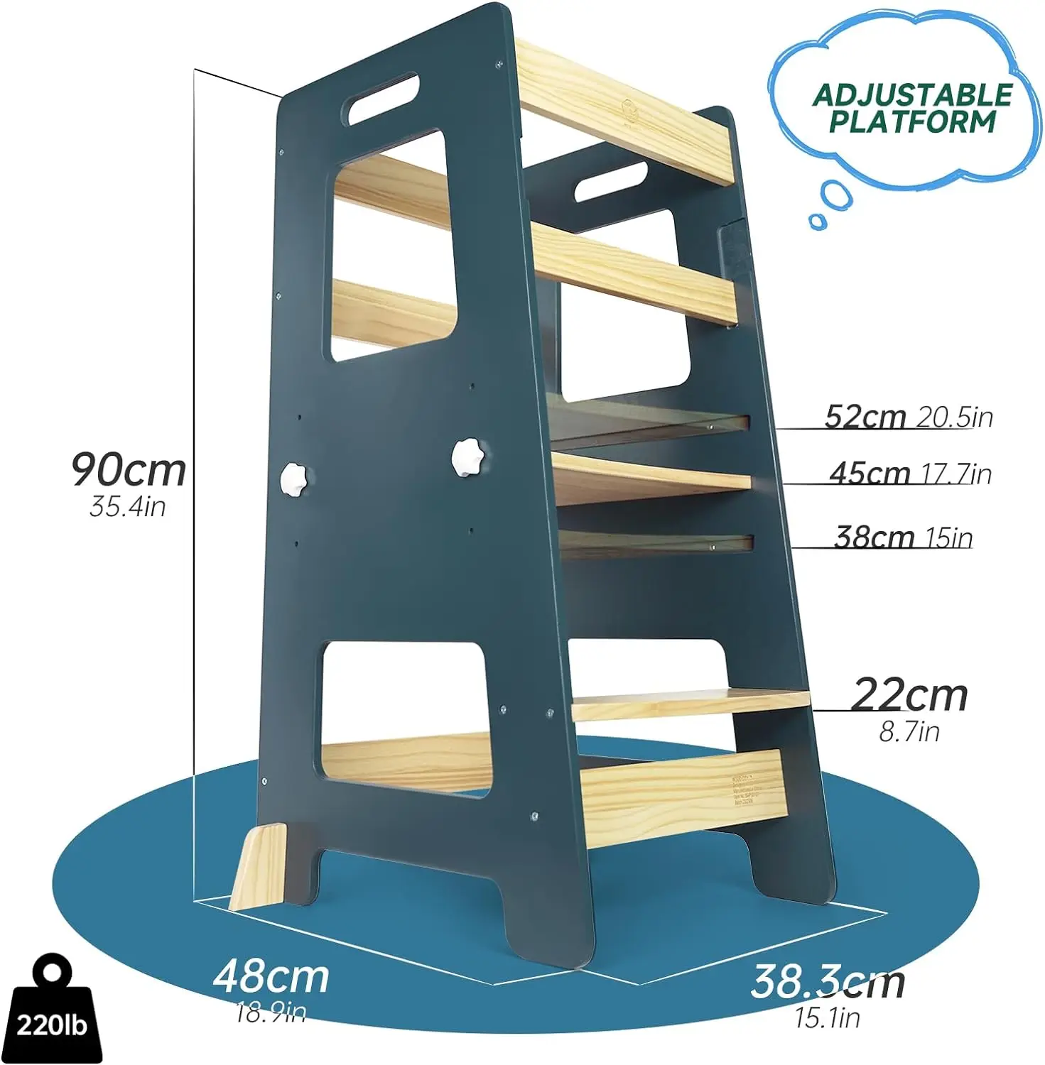 Toddler Tower Height-Adjustable Kids Kitchen Step-To-Stool Toddler Stool with Safety Rails