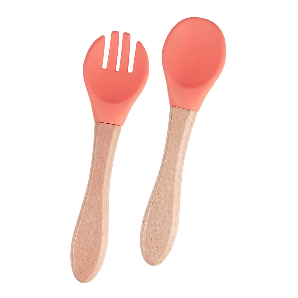 RTS Platinum Silicone Baby Fork Spoon Set Ready Stock Feeding Training Utensils Wooden Handle BPA Free Anti-Scalding Solid