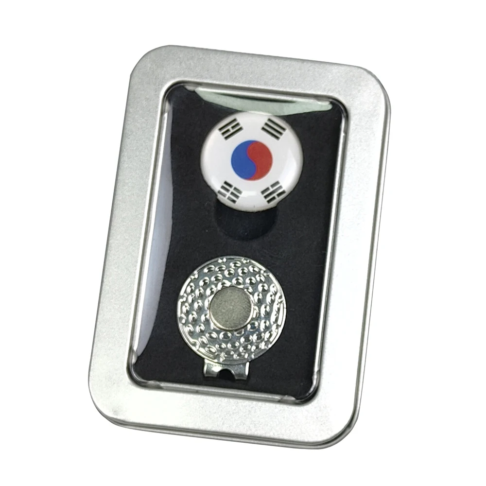Korea Hot Selling Tinplate Box Golf Gift Flag Hat Clip Marker South Korea Flag Golf Hat Clip Flag Pattern Marker Gift Box