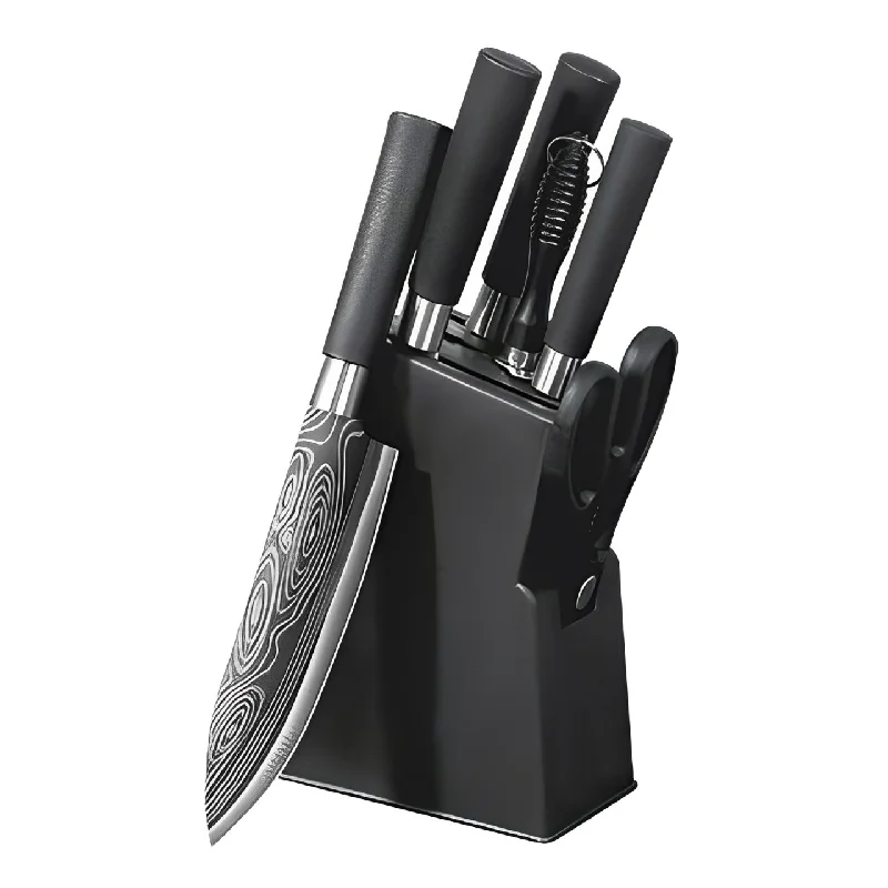 Carbon Stainless steel 3CR13 Set of 7 pcs Kitchen Slicing New Design Kitchen Black Blade Damascus laser pattern suit knife