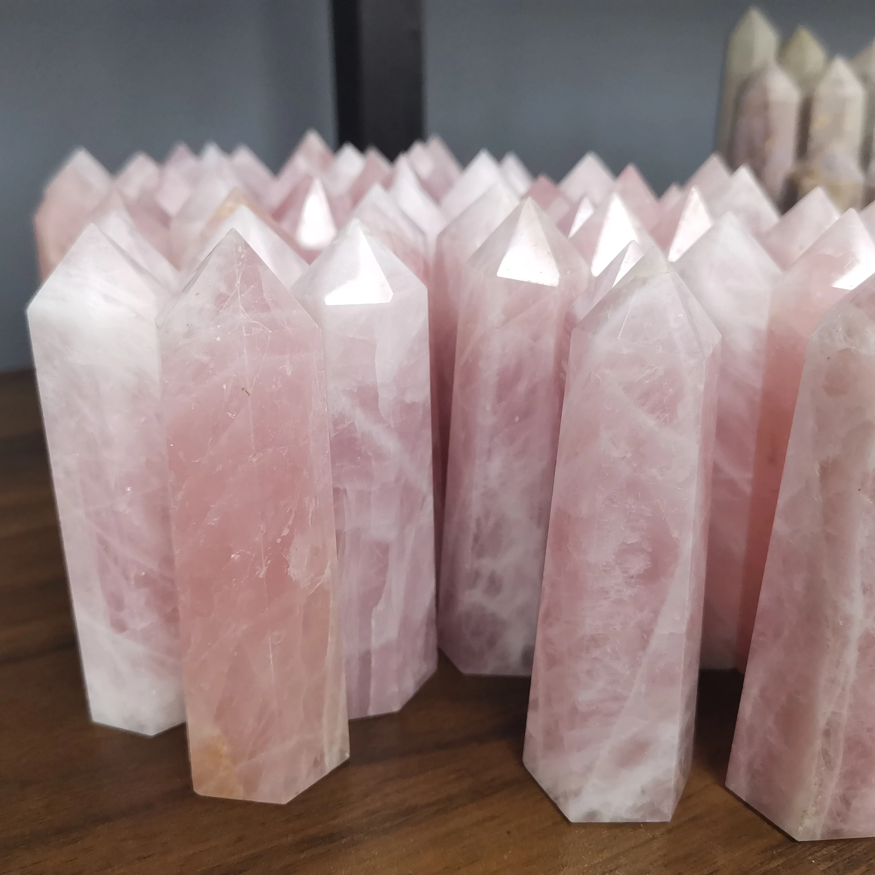 Wholesale polished crafts crystal angel aura rose quartz rsa points folk craftsh stones wand for fengshui