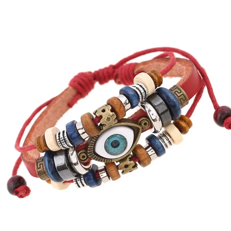 New Design Wholesale Vintage Multilayer Beaded Eyes Leather Bracelet Hand Braided Men Women