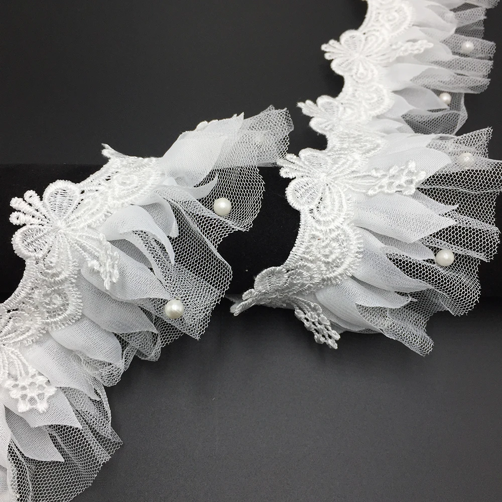 Hot Cotton Pleated Lace Pearl Trim Flower Decoration Trims