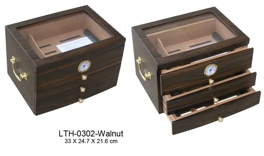 
wholesale custom spanish cedar wooden box tray de puros with hygrometer humidifier solution desktop glass top cigar humidor 