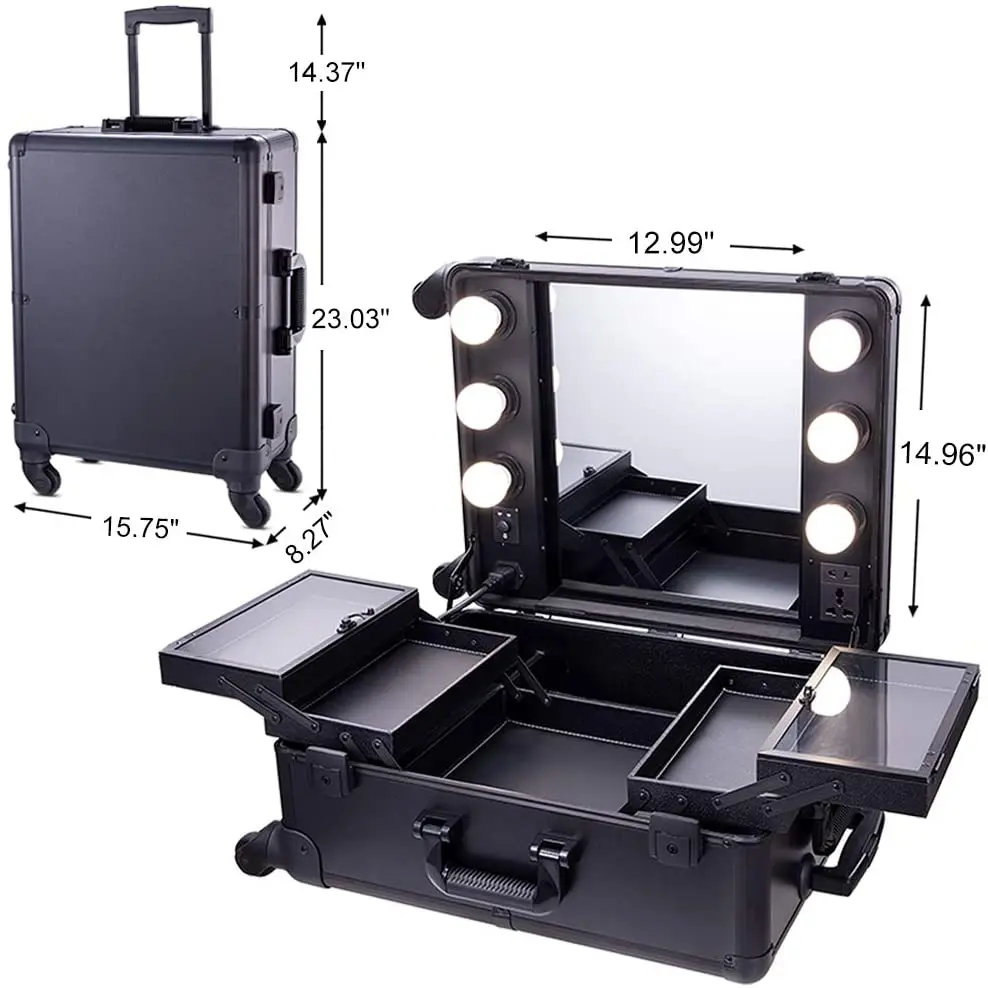 Black Studio Artist Train Rolling Makeup Case with Lights