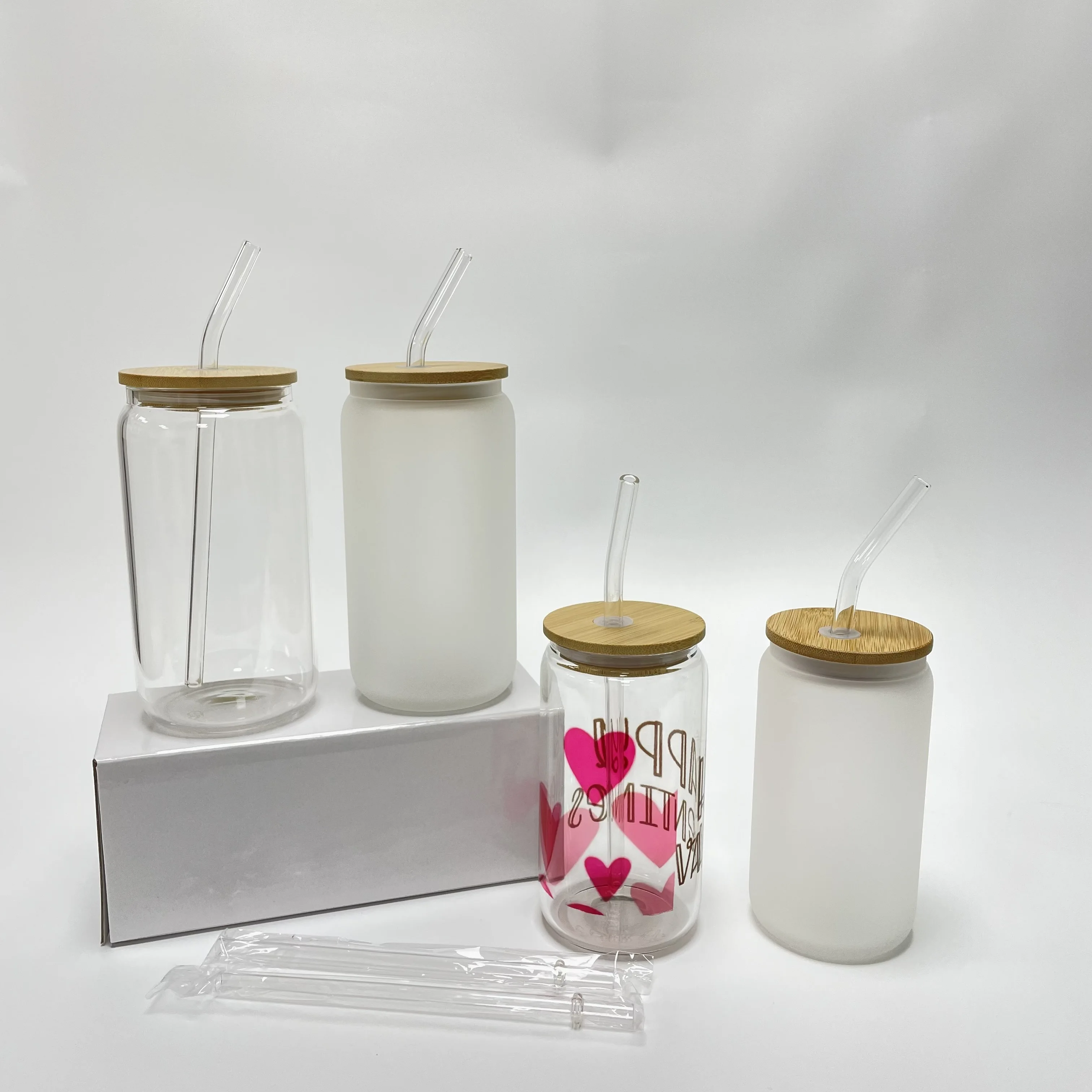 USA Warehouse 12oz 16oz 20oz Coffee Soda Frosted Clear Sublimation Beer Can Shaped Glass Jar With Bamboo Lid And Plastic Straws