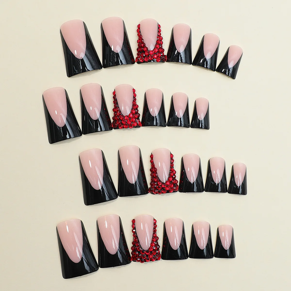 2024 new designer medium length duckbill black french press on nails luxury red rhinestone fake nails