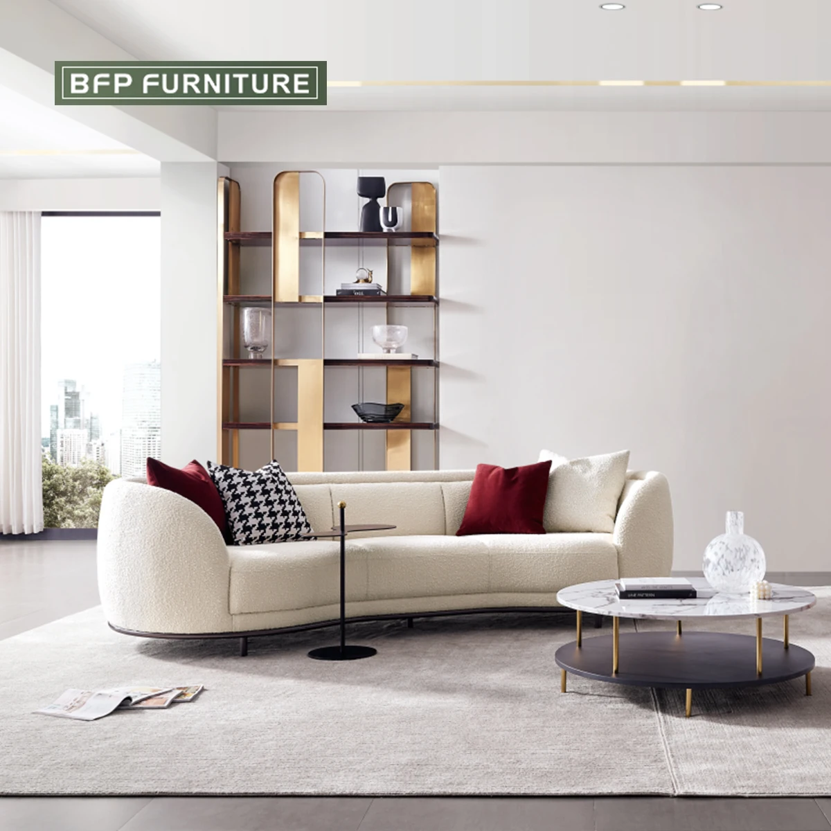 BFPHOME Italian Style Lambswool Solid Wood Sponge Filling Living Room Sofa Set for Luxury House Villa Resort Hotel and Apartment