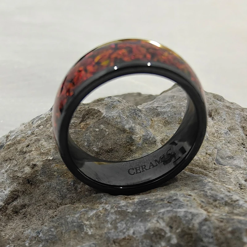 wholesale dropping Hot Selling 6mm 8 mm Red Opal wedding Black steel hammered Dome Black carbide tungsten ring