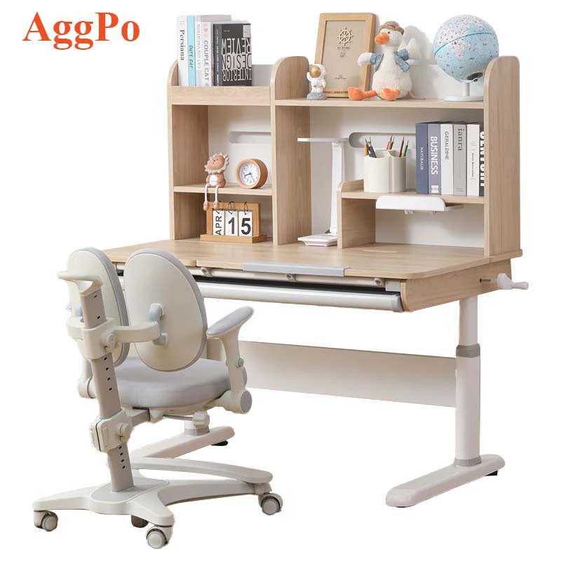Wood Kids Desk and Chair Set Height Adjustable and Tilt Desktop, Study Desk with Bookshelf, Book Stand and Bookstop