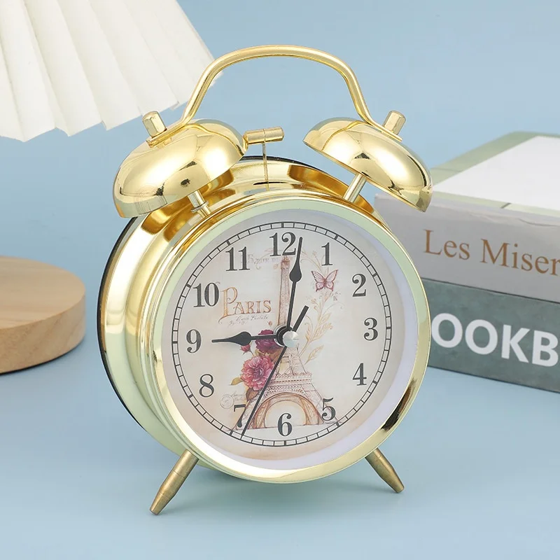 Twin Bell Desk Clock Table Watch Warm Color Night Light Bell Alarm Clocks Desktop Bedside Office Lunch Break Bedroom Decor