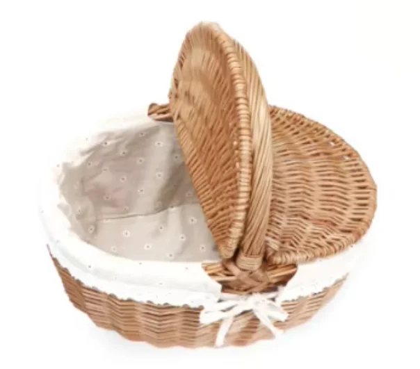 Oval handmade durable wicker picnic storage basket willow woven basket with removable washable lining  for kids camping