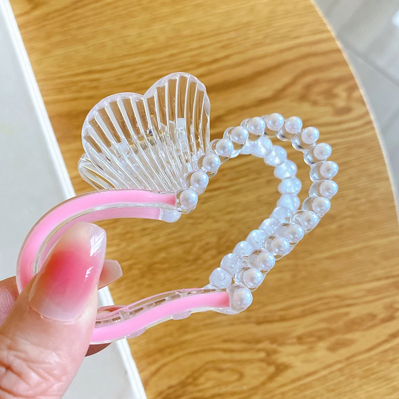 HONEY FLOWER Korean Style Rhine-diamond Pearl Love-heart Bowknot Shape 9cm Size Transparent Half Candy Color Hair Claw Clip