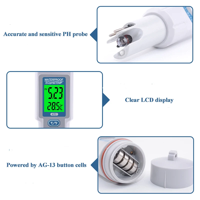 
PH-983 Water Quality Tester Drink Water Quality Analyser Multi-parameter PH Meter Pen Type Acidometer 3 in 1 PH EC TEMP Meter 