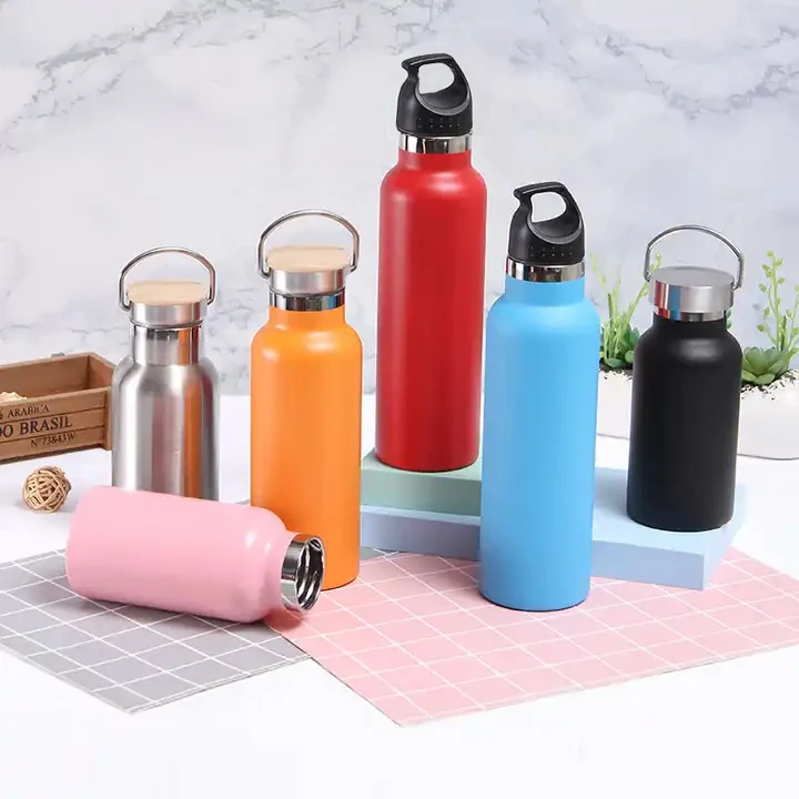 0.5L BPA Free Bamboo Wooden Lid Insulated Stainless Steel Water Bottle Double Wall Sport Style with Lid for Fitness Drinkware
