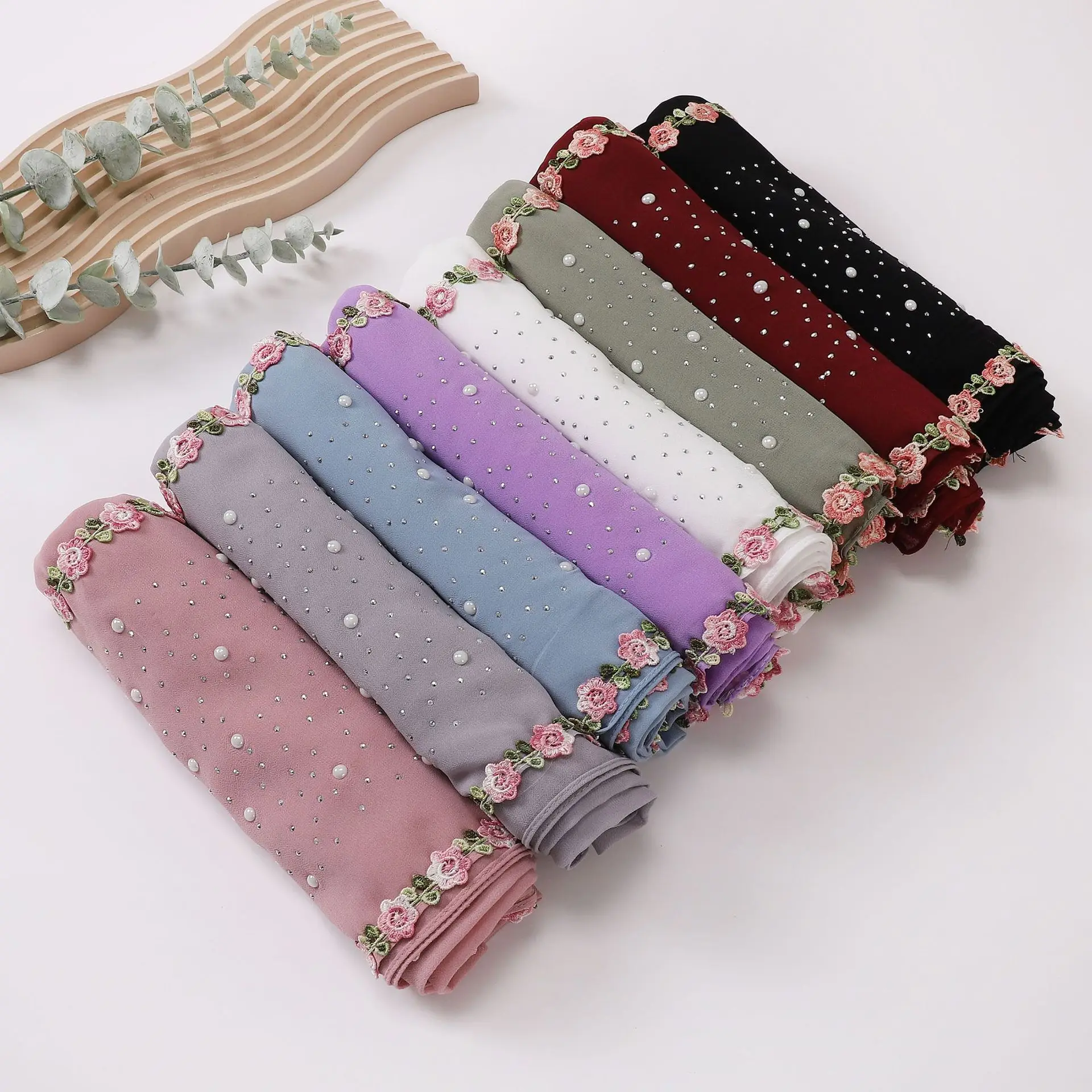 Factory Direct Sales Pastoral Style Lace Hui Gauze Scarf Ceramic Hot Drill Pearl Chiffon Long Scarf Middle East Malay Hijab