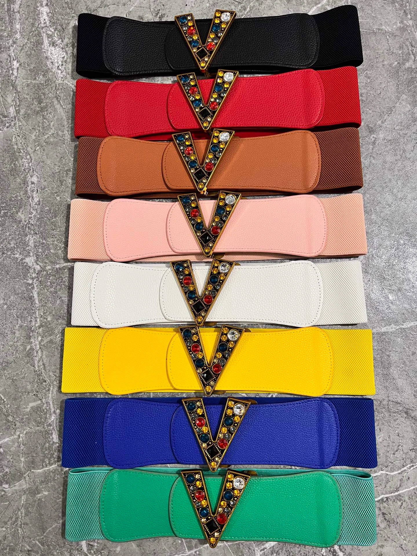 New Designs Luxury V Logo Color Gemstones Buckle Pu Leather Elastic Waist Belt Wide 7 cm Colorful Belt