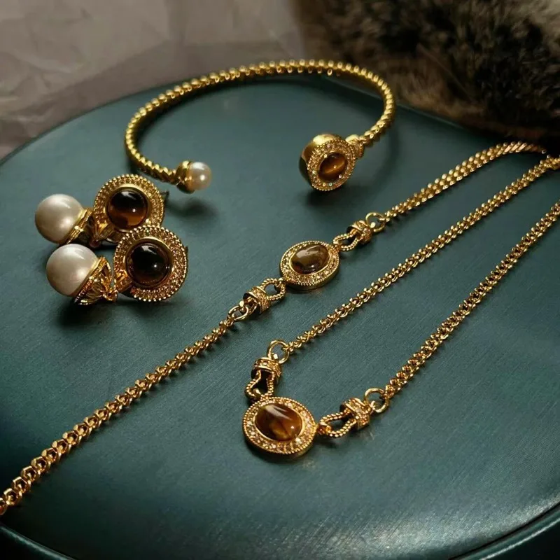 Новый винтажный набор ювелирных изделий из натурального камня 18K позолоченный медный Овальный Циркон тигровый глаз камень ожерелье наборы браслетов