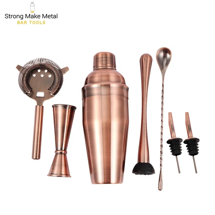 Professional Barware Tools Wooden Stand Brass Copper Bar Accessories Stainless Steel Bartender Kit Jigger Cocktail Shaker Set