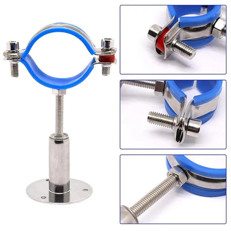 Adjustable Stainless Steel Pipe Bracket Clamp 1-1/2 Inch Dia Wall Mount Ceiling Mount Pipe Supports Rubber Strap Pipe Fittings