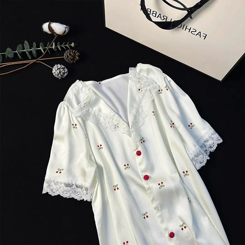 S0128R  Summer thin ice silk three-piece suit Internet celebrity cherry high-grade ladies home clothes