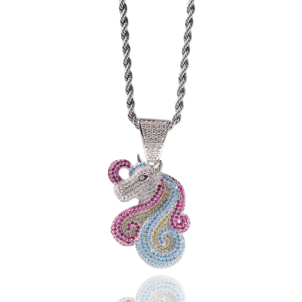 Christmas Gift For Children Hip Hop CZ Mermaid Unicorn Pendant Pony Horse Pendant Rapper Jewelries Ready to Ship Necklace
