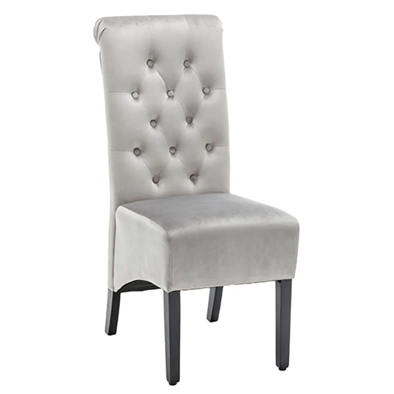 
Square pattern back grey velvet dining chair with rubber wooden legs 