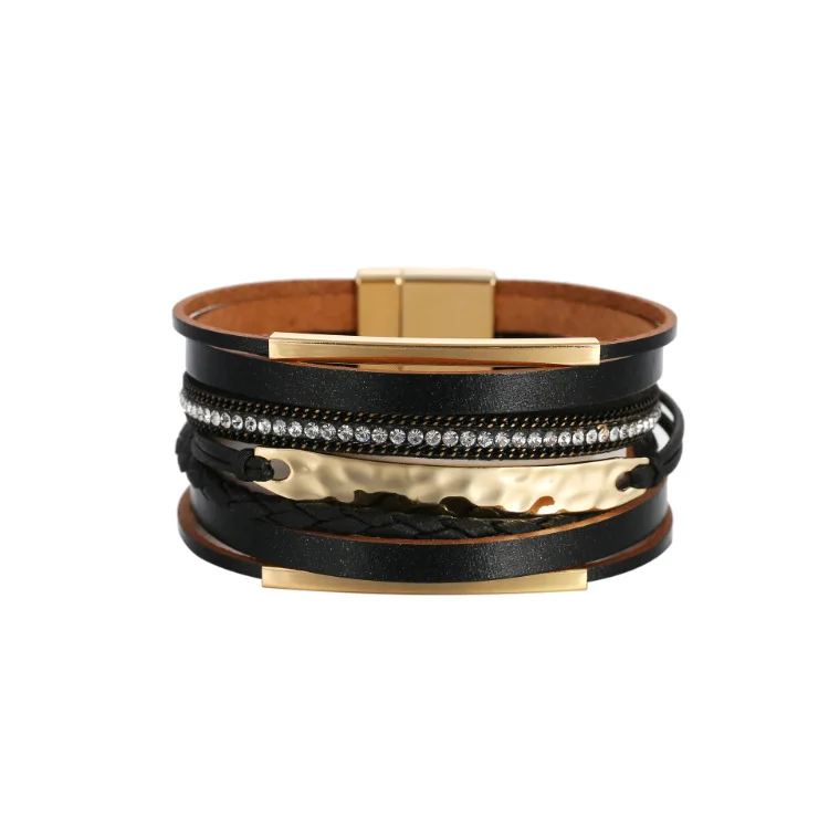 Personalized Women Magnetic Clasp Metal Charm Leather Bracelets Hot Multi Layered Rhinestone Crystal Wrap