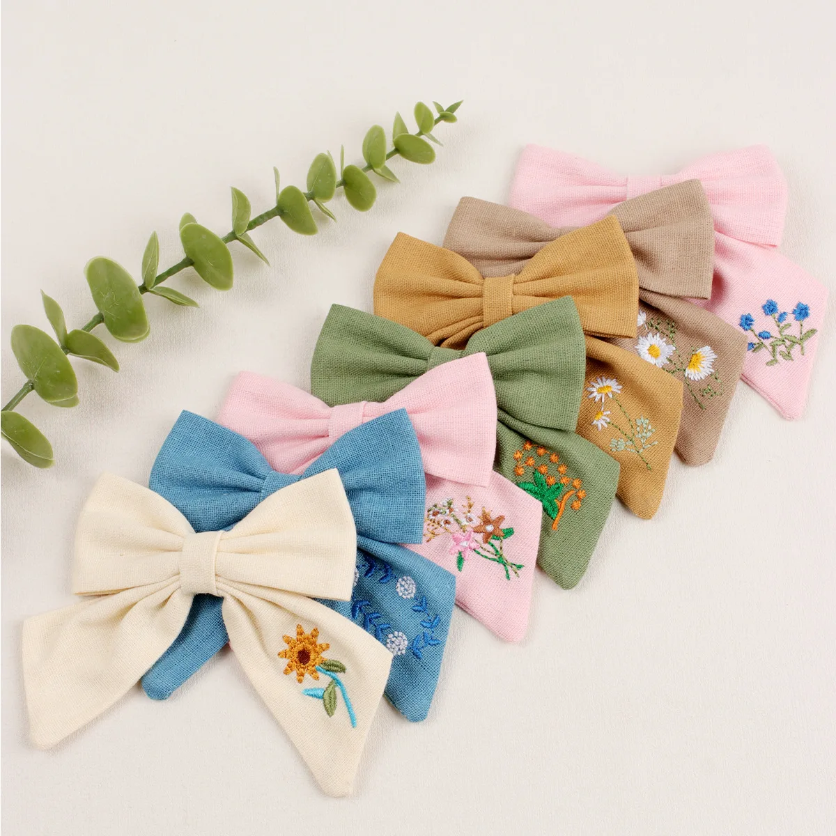 hair bow embroidery hair bow linen hair clips,linen pinwheel and sailor bows on alligator clips