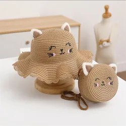 Fashion Cute Outdoor Foldable Wide Brim Grass Hats Kids Summer Beach Straw Sun Hat Wholesale All Bucket Hat and Purse Sets