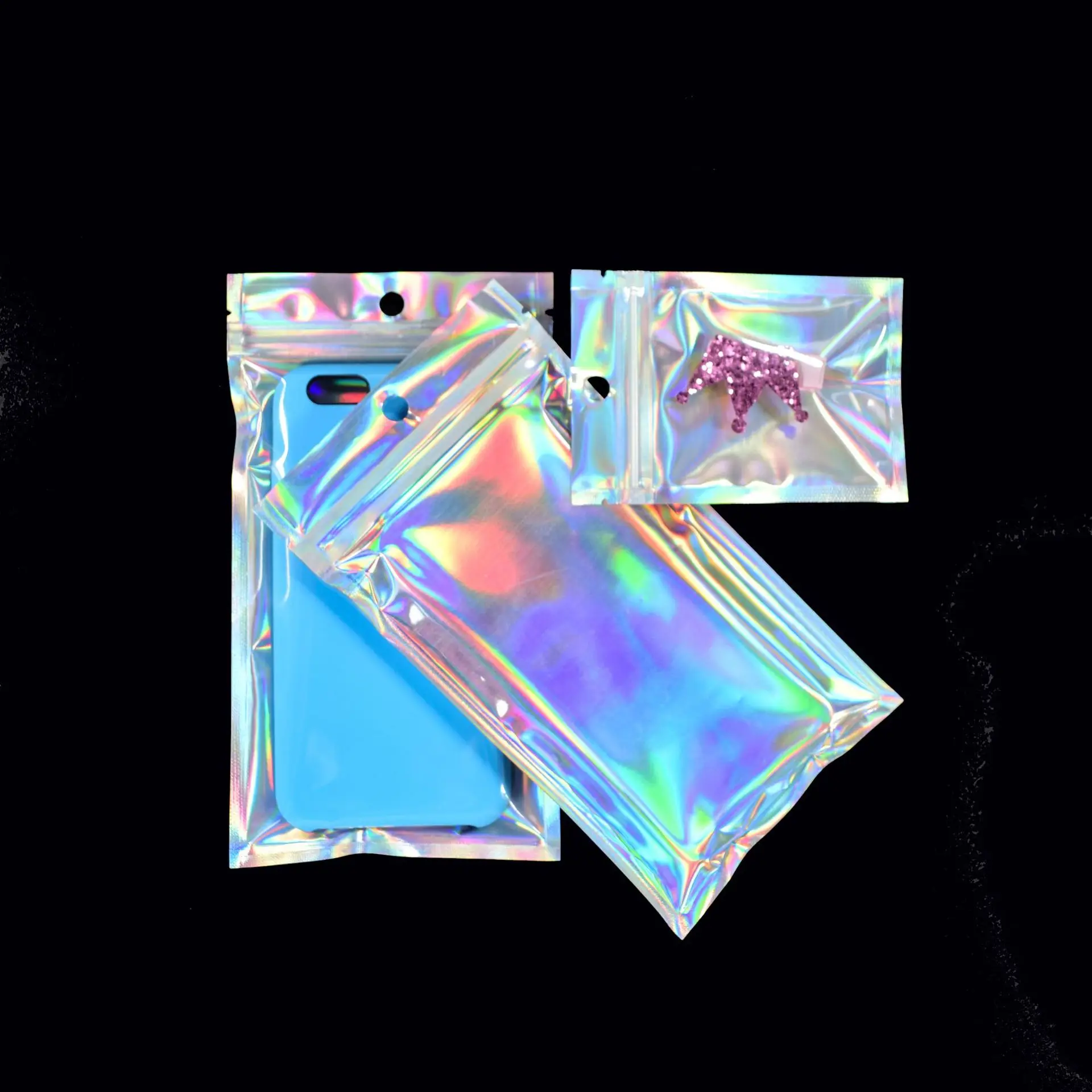 Laser Black Plastic 3C Electronic Products Zipper Bag With Clear Window Earphone And Data Cable Packaging Bag