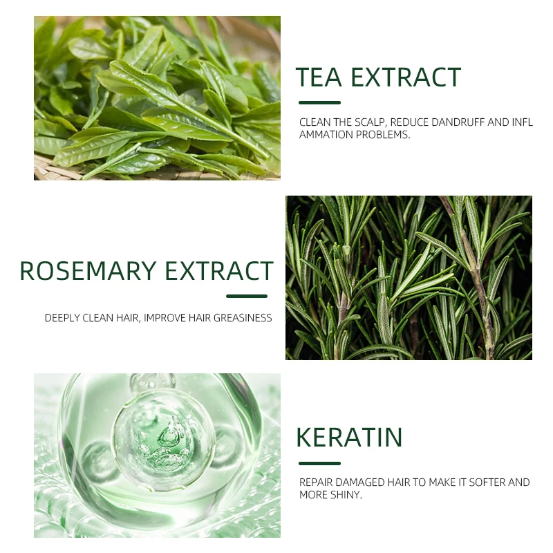 Contains rosemary, keratin, tea tree shampoo to clean and refresh, relieve itching and dandruff sulfate & paraben-free shampoo