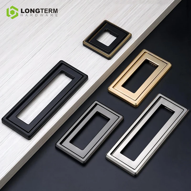 Recessed Cupboard Drawer Handle Cabinet Flush Pull Handles Square Rectangle Hidden Ring Pull Zinc Alloy Furniture Drop Pulls