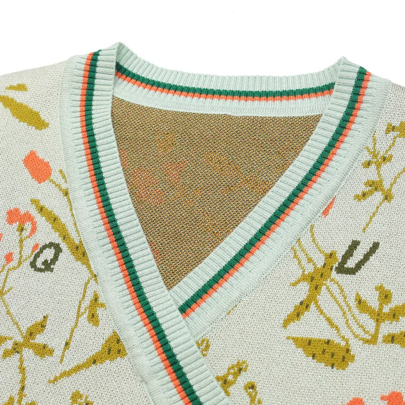 Factory wholesale vintage knitted vest irregular v-neck jacquard contrast color slim mandarin collar jilet top for women