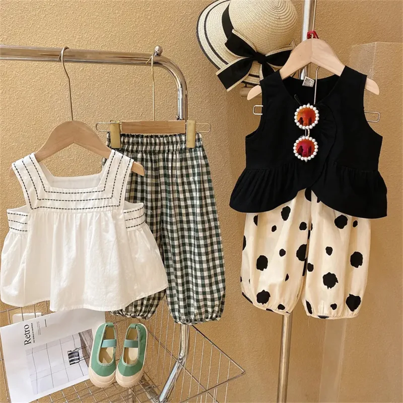 Summer Girls Clothing Set Korean Fashion Style Sleeveless Irregular Tank Top+Large Wave Dot Mosquito Proof Pants Kids Suit