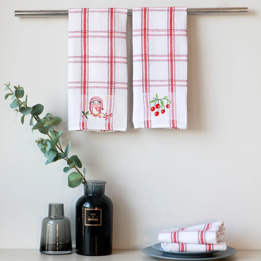 100% cotton linen printed LOGO tea towel set hanging customized printed waffle kitchen towel
