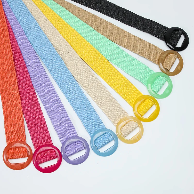 New bohemian candy color PP grass woven stretch lighter belt resin round buckle retro trim wide waist belts women ladies