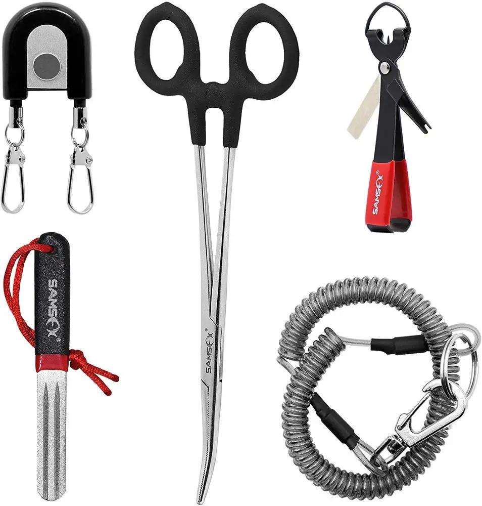 
SAMSFX Fishing Dual Head Zinger Line Nippers Forceps Coiled Lanyard and Dual Grooves Hook Sharpener Fly Fishing Vest Tools Kit 