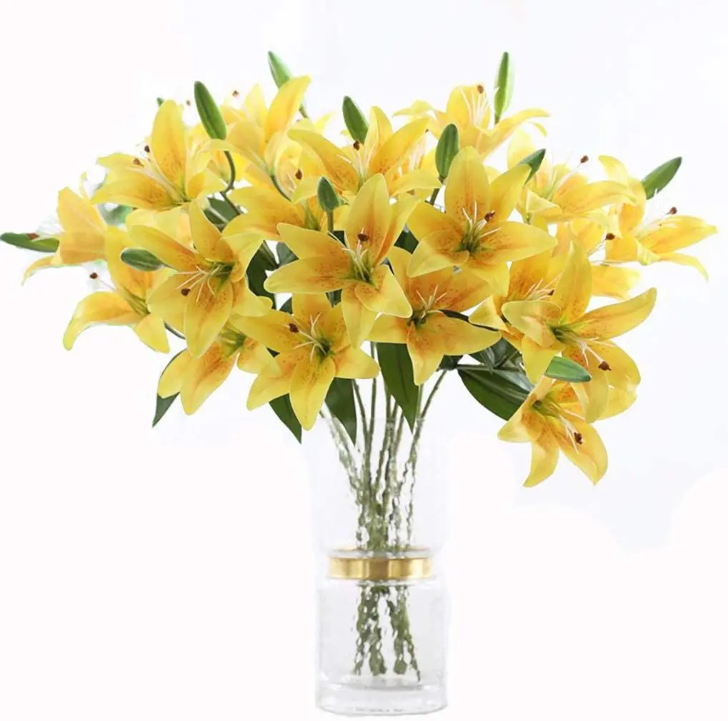 Artificial Lily Flowers Full Bloom Fake Latex Real Touch Artificial Flower Bouquets with 3 Heads Wedding Party Decor