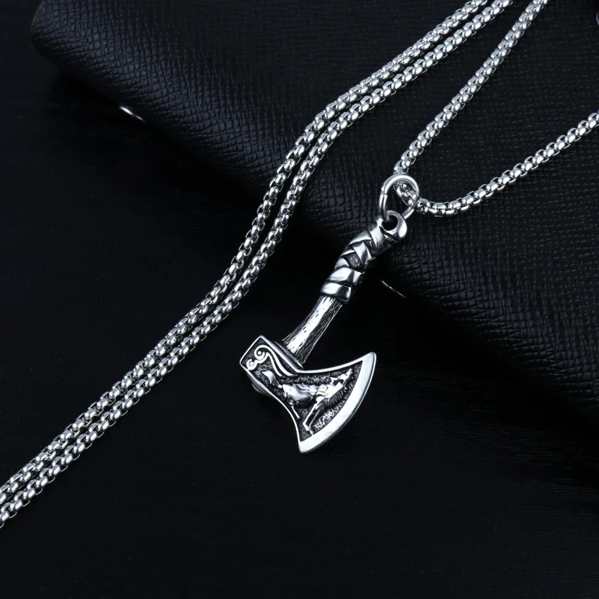 Myth of North Europe Punk Titanium Steel Wolf Battleax Viking Necklace for Men Women
