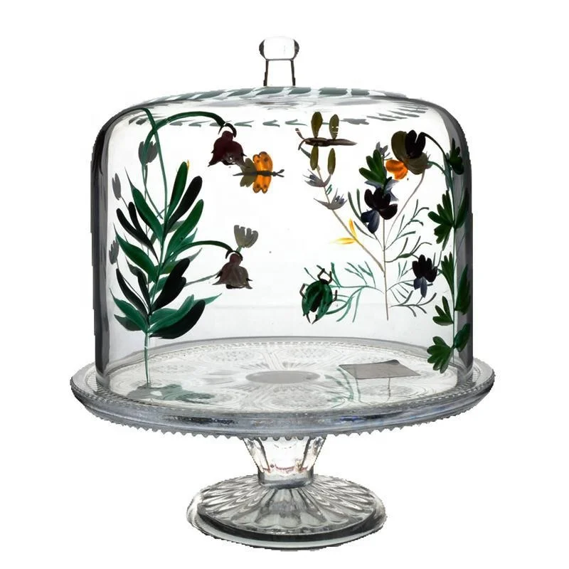 Hot selling clear glass cake stand with dome hand painting