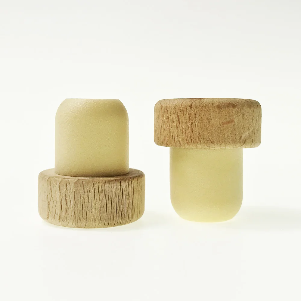 Customized Reusable T Shape Wooden Synthetic Wine Cork Stopper Wood Top Cap Polymer Cork