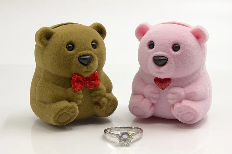Customized Cute Small Pink Brown Jewellery Gift Box Travel Portable Velvet Teddy Bear Ring Jewelry Box