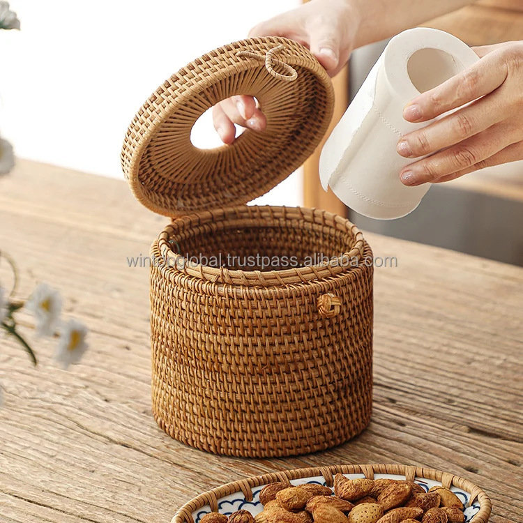 Natural round rattan tissue holder box cover eco-friendly kitchen wicker rattan tissue box handmade homeware products Vietnam