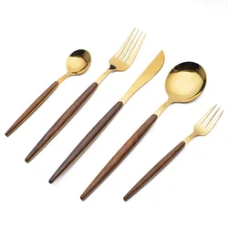 Stainless Steel Round Spoon  Wooden Handle Fork Spoon Fruit Fork Stirring Spoon Tableware