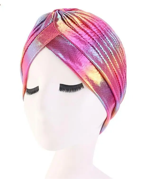 iridescent Laser Bright Stretchable Indian Hat Metallic Arab India Pleated Turban Headwrap Wedding Arabic Turban Men