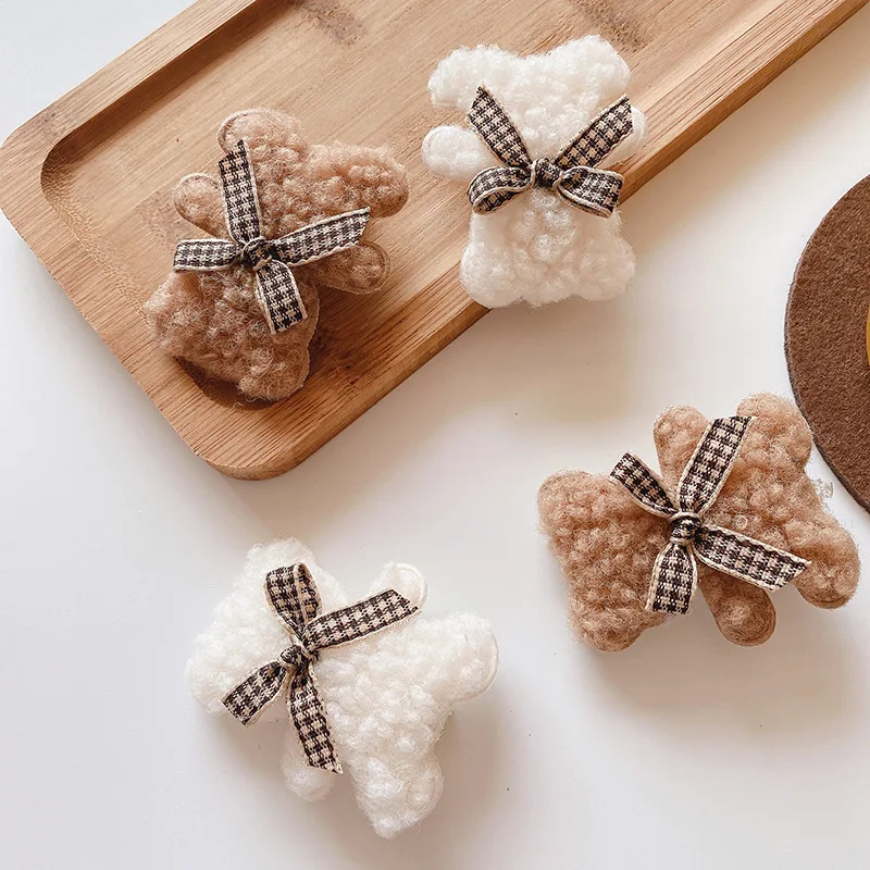 Autumn winter lovely fluffy plush hairpins girls princess little bear bow cute white coffee color hair pins accessories
