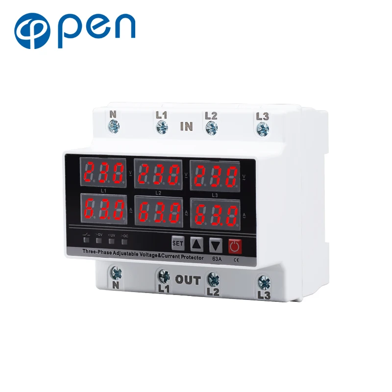 Open Electric 63A 220V400V AC Din rail three phases adjustable digital over voltage and under voltage protector