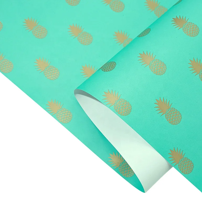 
All Occasion Custom Printing Gold Foil Pineapple, Blue Wrapping Paper Roll for Gift Packaging 
